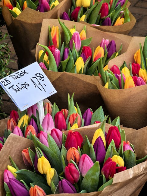 Fresh tulip bouquets arranged in brown kraft paper, featuring vibrant blooms in shades of yellow, orange, pink, red, and purple with green stems and leaves. The bouquets are neatly wrapped and placed