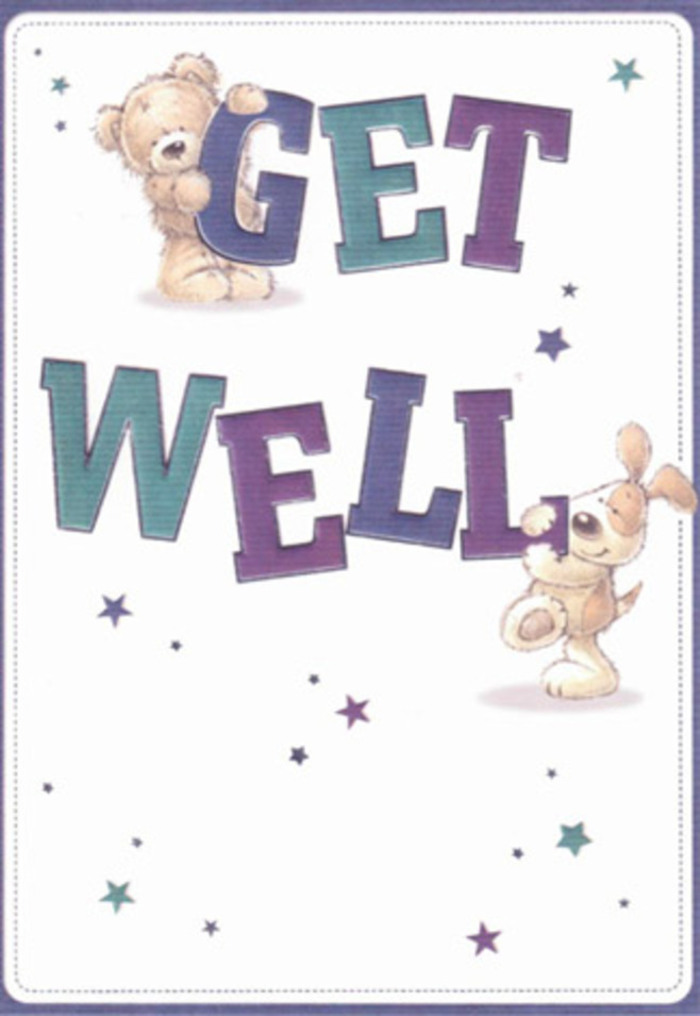 In this thoughtfully illustrated get well card, a scene unfolds that captures the easy optimism woven into the Stratford community. At the centre, a golden bear with plush, textured fur and a cheerful puppy with velvety, floppy ears playfully interact, their shared mission to send hope and cheer. The sturdy letters spelling 'Get Well,' shaded in gradients of purple and teal, dominate the foreground with confidence, their size and gentle curvature adding both energy and reassurance to the design. Scattered around, sparkling stars painted in soft blues and purples float across a gleaming white expanse, reminiscent of crisp Stratford mornings or peaceful afternoons in Queen Elizabeth Olympic Park. There's a tactile richness here-the way the bear's fur subtly catches the light, the inviting plushness of the puppy-which mirrors the careful layering of textures in a signature Stratford bouquet. The artwork radiates both innocence and quiet celebration, much like sending a hand-delivered arrangement from your local florist to a friend recovering on Chobham Road. The whole card feels like an embrace, a sensory and visual reminder of the healing power of kindness, carried with the same attention and sincerity that defines Stratford's close-knit spirit.