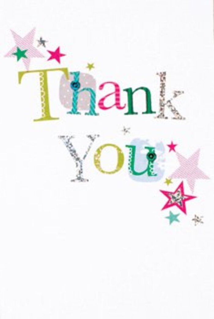 Expertly designed with quiet exuberance, this thank you card exudes warmth and sincerity, reminiscent of heartfelt exchanges along the streets of Stratford. The letters, each unique in style and colour, merge whimsy and grace-some adorned with cheerful spots and playful curves, others refined and almost musical in form. Their lively palette-lime greens, radiant pinks, sky blues, and glints of metallic silver-calls to mind the fresh-cut blooms and lively murals found in Stratford's weekend markets. Clusters of decorative stars fill the surrounding space, their hues deepening from bold turquoise and sparkling pinks to subtle silvery touches, as if the words themselves are being gently blessed with local cheer. The composition flows within a pristine white backdrop, giving the scene an airy, modern sensibility, much like a sunny café along the High Road. This card bridges casual and formal moods, making its gratitude universally approachable-a warm, sincere gesture well-suited to accompany a bouquet selected for any Stratford celebration, from family gatherings near Queen Elizabeth Olympic Park to intimate milestones at home. With tactile surprises and subtle sophistication, it's a card that resonates long after it's received, evoking the uplifting pleasure of both fresh flowers and a thoughtfully chosen word of thanks.